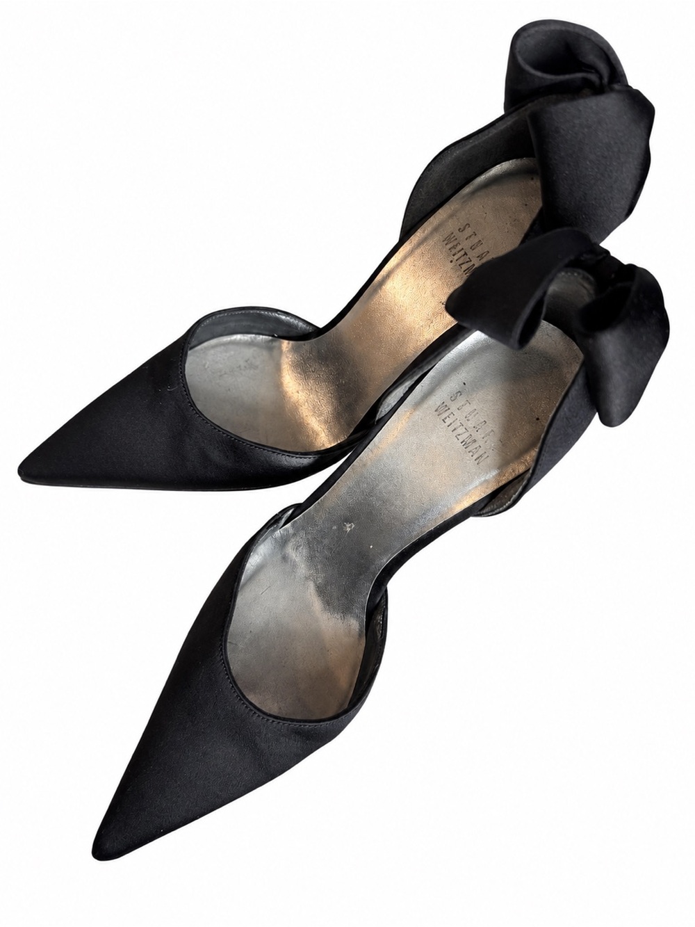 Stuart Weitzman Black Satin D’Orsay Pumps with Oversized Back Bows — Size 6